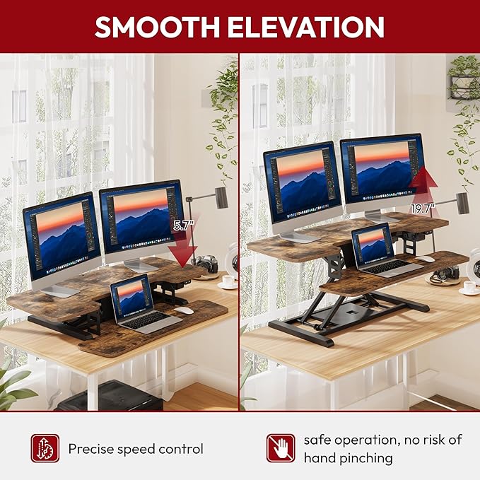 SANODESK Standing Desk Converter with Electric Motor 42" Height Adjustable Riser for Office Home,Dual Monitor and Laptop Workstation with Large Keyboard Tray,Rustic Color-DeskLoop Office