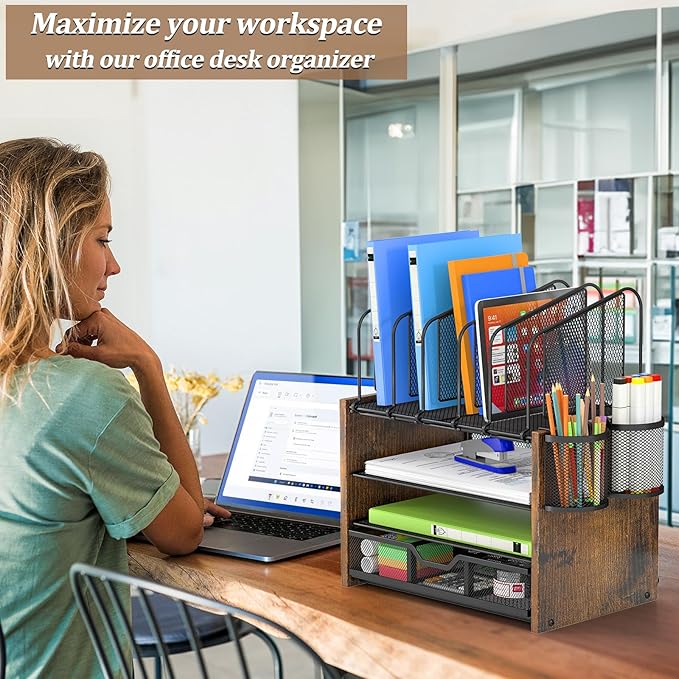 4-Tier Mesh Desk Organizer, Wooden Desk File Organizer with 5 Vertical File Holders and 2 Pen Holders, Desktop Organizers and Accessories with Drawer for Home Office-DeskLoop Office