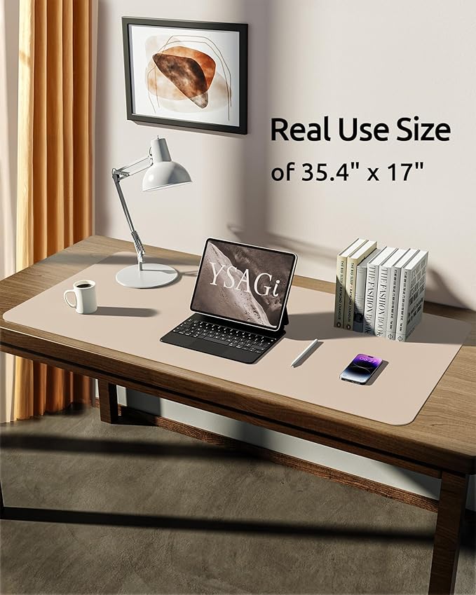 YSAGi Leather Desk Protector, Office Mat, Large Mouse Mat, Non-Slip PU Leather Blotter, Laptop Desk, Waterproof Writing Pad for Office and Home (Eggshell, 35.4" x 17")-DeskLoop Office