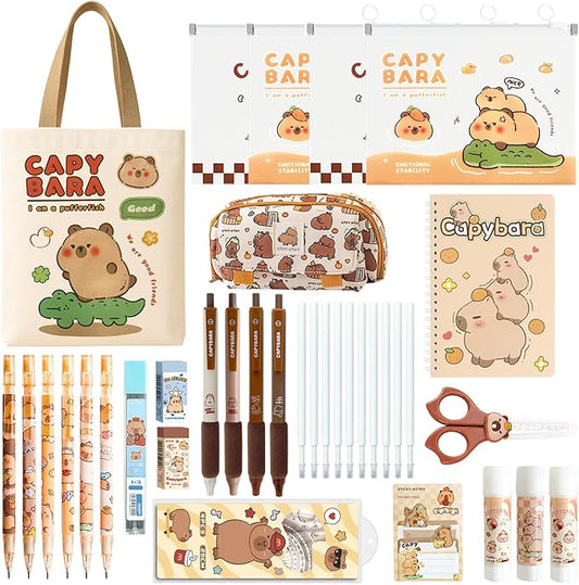 School Supplies Cute Stationery Set Back to School Capybara Pencil Case,Canvas Bag,6 Gel Pens,4 File Pockets,3 Glue Sticks,6 Mechanical Pencils, Perfect Easter Christmas Birthday Gifts for Children-DeskLoop Office