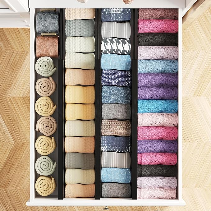 SpaceAid Bamboo Dresser Drawer Dividers 6 Pack, 4.65“ High Adjustable 17“-22” Drawer Organizers, Expandable Organization for Clothing, Clothes, Dressers, Black-DeskLoop Office