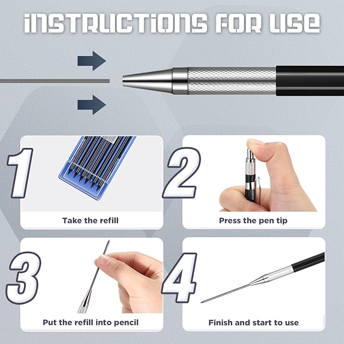 Nezyo 12 Pieces Welder Pencil with 108 Pieces Round Refills Mechanical Metal Pencil Marker with Built in Sharpener Pen for Construction Workers, Metal Work, Plumbers, Framers-DeskLoop Office