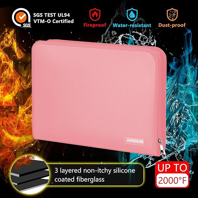 JUNDUN Accordion File Organizer - Fireproof Accordion Folder with Zipper & Labels - 12 Pocket Expanding File Folder with Multi-Pockets Paper Organizer Folder for Letter A4 Files and More (Pink)-DeskLoop Office