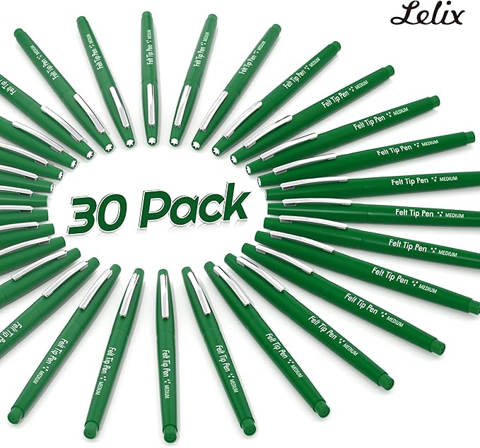 Lelix Felt Tip Pens, 30 Green Pack, 0.7mm Medium Point, Felt Tip Markers Pens for Journaling, Writing, Note Taking, Planner, Perfect for School Office and Art Supplies-DeskLoop Office