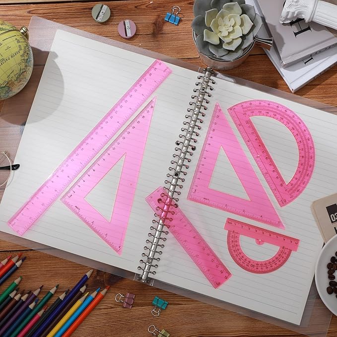 Tenare 6 Pcs Plastic Ruler Math Set Includes 12 Inch 6 Inch Straight Protractor Triangle Geometry Transparent Math Ruler Measuring Tools for School Office Home(Pink)-DeskLoop Office