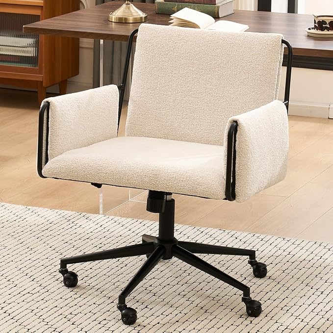 Kidol & Shellder Office Desk Chair Set of 3 with Arm, Swivel Adjustable Height with Wheels Comfortable Wide Seat for Home Office, Bedroom, Makeup Room, Beige-DeskLoop Office