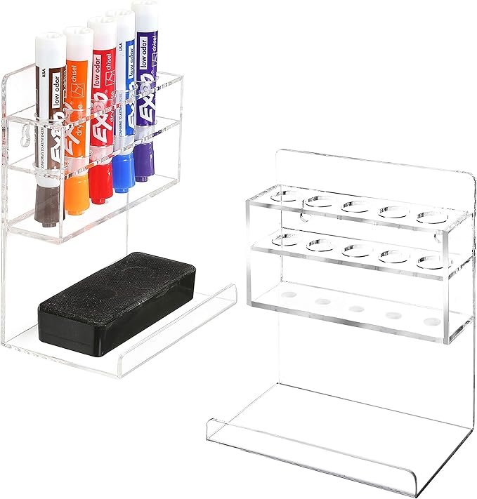 MyGift Wall Mounted Clear Acrylic Dry Erase Marker Holder Organizer for 5 Markers and Eraser, Hanging Whiteboard Accessories Rack for Office Home Dorm Classroom Meeting Room, Set of 2-DeskLoop Office