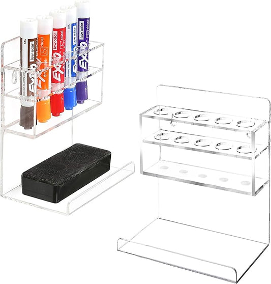 MyGift Wall Mounted Clear Acrylic Dry Erase Marker Holder Organizer for 5 Markers and Eraser, Hanging Whiteboard Accessories Rack for Office Home Dorm Classroom Meeting Room, Set of 2-DeskLoop Office