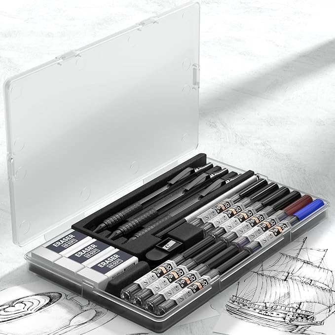 Nicpro Black Metal 2.0 Mechanical Pencil Set with Case, 3 PCS Drafting Lead Holder with 2mm Graphite Lead Refill (HB 2H 4H 2B 4B) & Colors, Sharpeners, Erasers for Artist Writing, Drawing, Sketching-DeskLoop Office