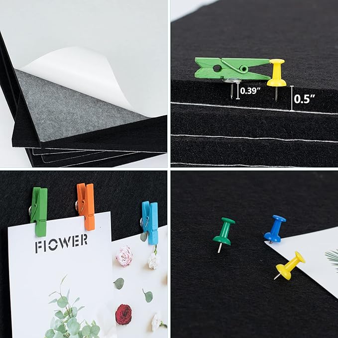 AKTOP Cork Board Bulletin Board 12x12, 1/2" Thick Felt Cork Board Tiles 6 Pack, Small Square Pin Board for Wall, Self Adhesive Corkboards with 60 Push Pin Wood Clips for School, Home & Office, Black-DeskLoop Office