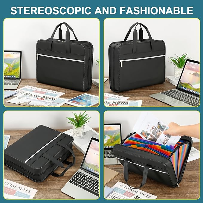 SEEKIND PU Leather Accordian File Organizer 26 Pockets, Expanding File Folder with Handle, Portable Document Organizer Accordion File Keeper for Letter Size / A4 File, for Office, School-Black-DeskLoop Office