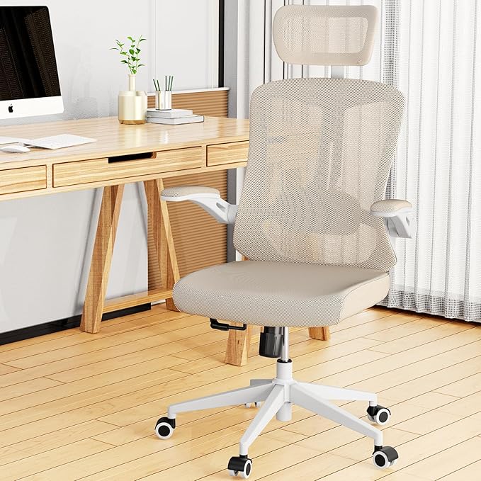 Desk Office Chair, Ergonomic High Back Comfy Computer Chairs with Wheels, Swivel Gaming Home Mesh Chair Comfortable Lumbar Support, Comfy Arms for Study, Home,Bedroom(Khaki)-DeskLoop Office