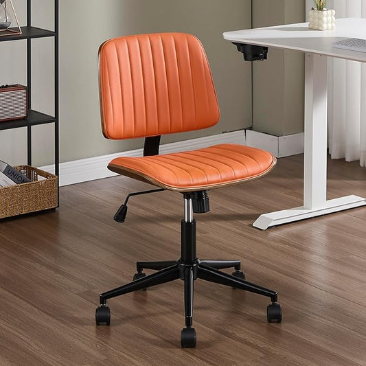 Small Home Office Chair - Armless Mid Back Desk Chair with 360° Swivel and Wheels, PU Upholstered Height Adjustable Modern Walnut Computer Chair for Home, Office Meeting Room - Orange-DeskLoop Office