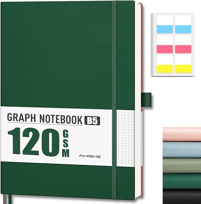 AHGXG Graph Paper Notebook - Grid Notebook Journal, 120 GSM Thick Graph Paper, Large B5 Notebook 96 Pages, Leather Softcover, for Graphing, Writing, Math, Engineering, 7.6'' X 10'' - Green-DeskLoop Office