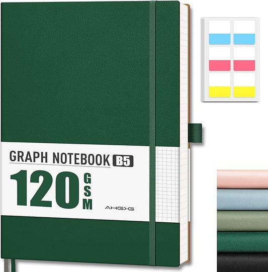 AHGXG Graph Paper Notebook - Grid Notebook Journal, 120 GSM Thick Graph Paper, Large B5 Notebook 96 Pages, Leather Softcover, for Graphing, Writing, Math, Engineering, 7.6'' X 10'' - Green-DeskLoop Office