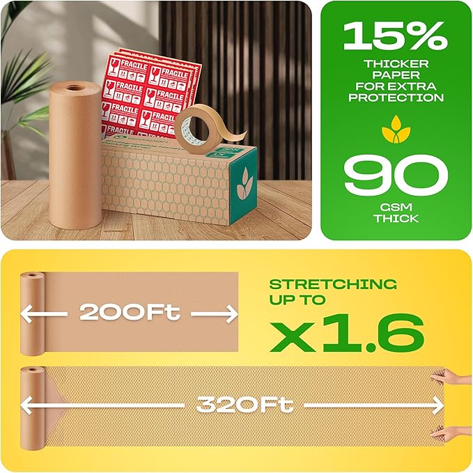 Honeycomb Packing Paper | Extra Thick 90 GSM Packing Wrap | Biodegradable Packing Materials: 12” x 200’ Moving Paper + 195’ Cellulose Adhesive Tape + 30 Fragile Stickers | Paper Bubble Wrap-DeskLoop Office