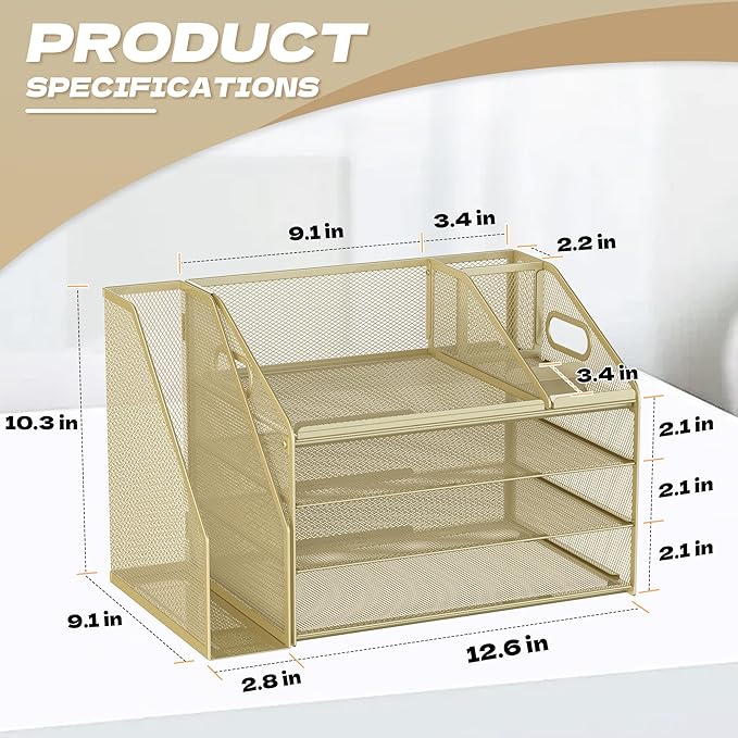 DocNest 4 Tier Paper Letter Tray File Organizer, Mesh Desk File with Handle, Workspace Desk Organizers with Pen Holder, Office Organization Storage Accessories - Gold Yellow-DeskLoop Office