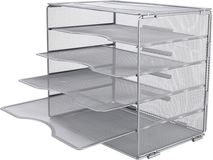EasyPAG 5-Tier Mesh Desk File Organizer with Metal Frame, Screw-Free Assembly, Space Saving Letter Tray for Office/Home/School - A4 & Letter Size Paper Sorter, Silver-DeskLoop Office