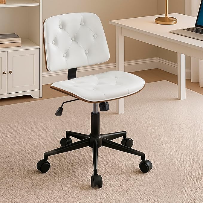 Small Home Office Chair – Adjustable Height, Armless PU Leather Mid-Back Desk Chair with Swivel Wheels, Walnut Finish, Perfect for Study or Bedroom, White-DeskLoop Office