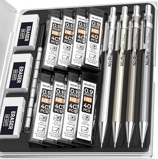 Nicpro 4 Pack Metal Mechanical Pencil Set 0.9mm, MB1000 Lead Drafting Pencil 0.9 mm with 8 Tube HB #2 Lead Refill, 3PCS 4B Eraser, 9 Cap Eraser for Artist Writing, Sketching, Drawing- Come with Case-DeskLoop Office