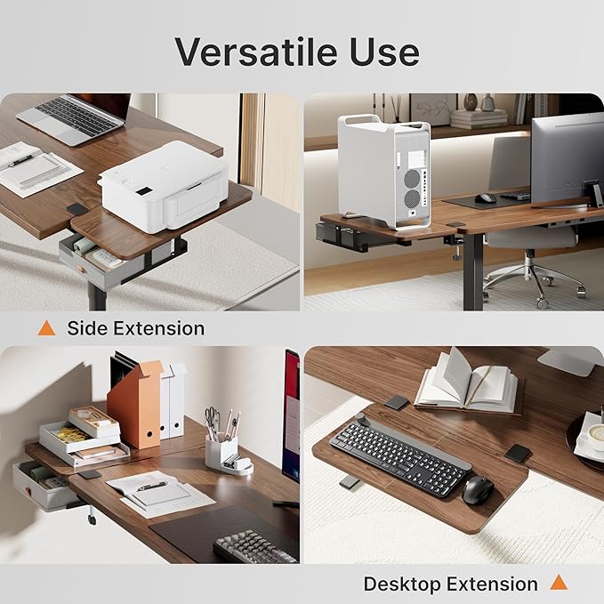 Desk Extender Tray, 24" x 12" Clamp On Desk Shelf, Desk Extension with Storage Drawer, Table Desk Arm Rest, Clamp On Keyboard Tray for Office and Home, Workstation Organizer, Medium, Walnut-DeskLoop Office