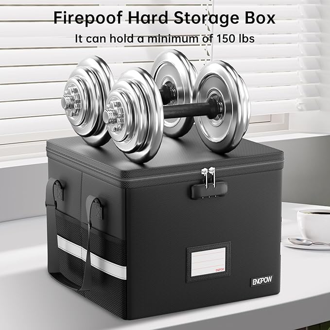 ENGPOW 5200°F Fireproof Document Box with Lock, Heat Insulated Collapsible File Storage Organizer with Handle, Portable Home Office File Cabinet for Hanging Letter/Legal Size Folder, Black-DeskLoop Office