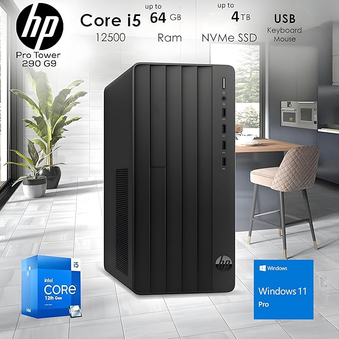 HP Desktop Computers Tower PC for Home Business Student, Intel 6-Core i5-12500 (Beat i7-11700), 32GB DDR4 RAM, 1TB PCIe SSD, WiFi, Bluetooth, RJ-45, Keyboard and Mouse, Windows 11 Pro, Wendbo-DeskLoop Office