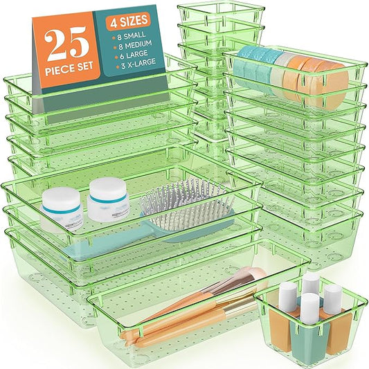 WOWBOX 25 PCS Plastic Drawer Organizer Set, 4 Sizes Desk Drawer Divider Organizers and Storage Bins for Makeup, Jewelry, Gadgets for Kitchen, Bedroom, Bathroom, Office, Clear Green-DeskLoop Office