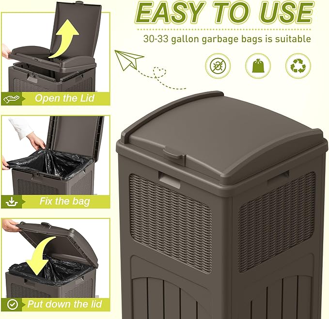 Greesum 33 Gallon Outdoor Trash Can with Lid (2-Pack), Heavy Duty Resin Garbage Bin, Waterproof & UV Resistant for Patio, Garden, Deck, Yard, Brown-DeskLoop Office