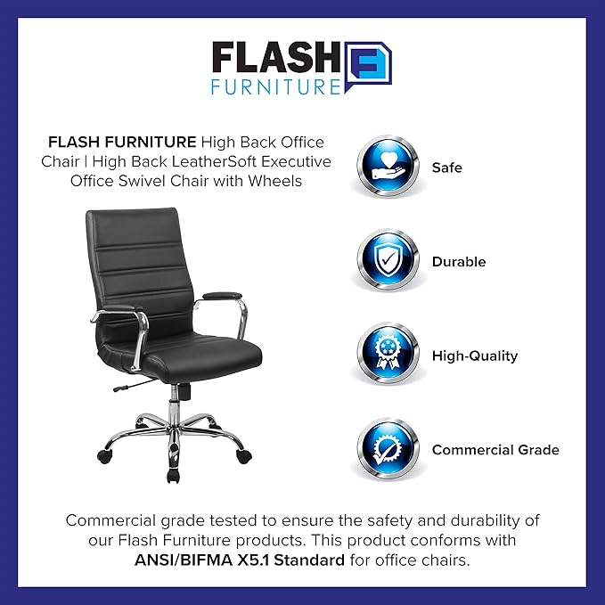 Flash Furniture Whitney High-Back Swivel LeatherSoft Desk Chair with Padded Seat and Armrests, Adjustable Height Padded Office Chair, Black/Chrome-DeskLoop Office