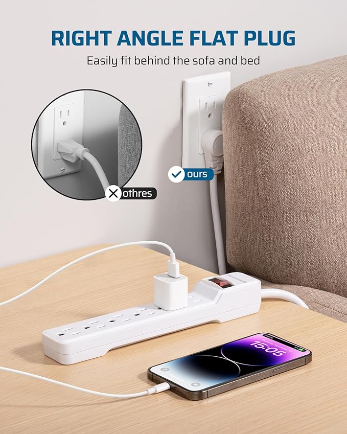 DEWENWILS 6-Outlet Power Strip Surge Protector, 15FT Long Extension Cord, Low Profile Flat Plug, 15 Amp Circuit Breaker, 500 Joules, Wall Mount, White, UL Listed-DeskLoop Office