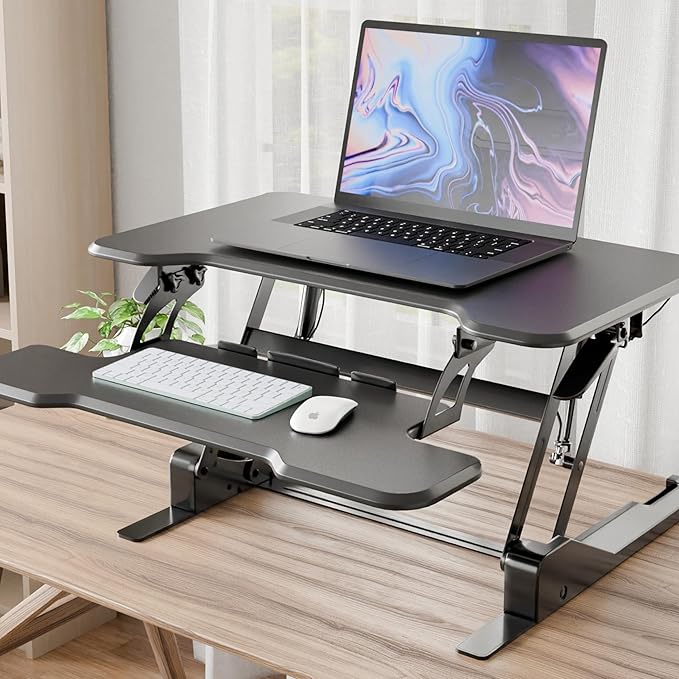 Mount-It! Height Adjustable Standing Desk Converter, Compact 30” Wide Tabletop Standing Desk Riser with Gas Spring, Desktop Stand Up Workstation with Keyboard Tray Fits Monitor or Laptop, Black-DeskLoop Office