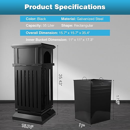 IRONWALLS Commercial Trash Can with Lid, Black Outdoor Garbage Can for Patio, Side Opening Steel Square Commercial Waste Bin, Decorative Trash Container with Removable Inner Bucket for Park, Garden-DeskLoop Office