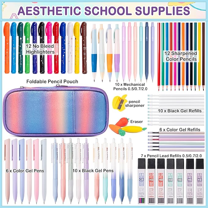 78 PCS Writing & Drawing Set with Cute Pen Case, Office Back to School Supplies Stationary 12 Pastel No Bleed Highlighters, 10 Mechanical Pencils Set 0.5 0.7 & 2.0mm, 6 Colored And 10 Black Gel Pens-DeskLoop Office