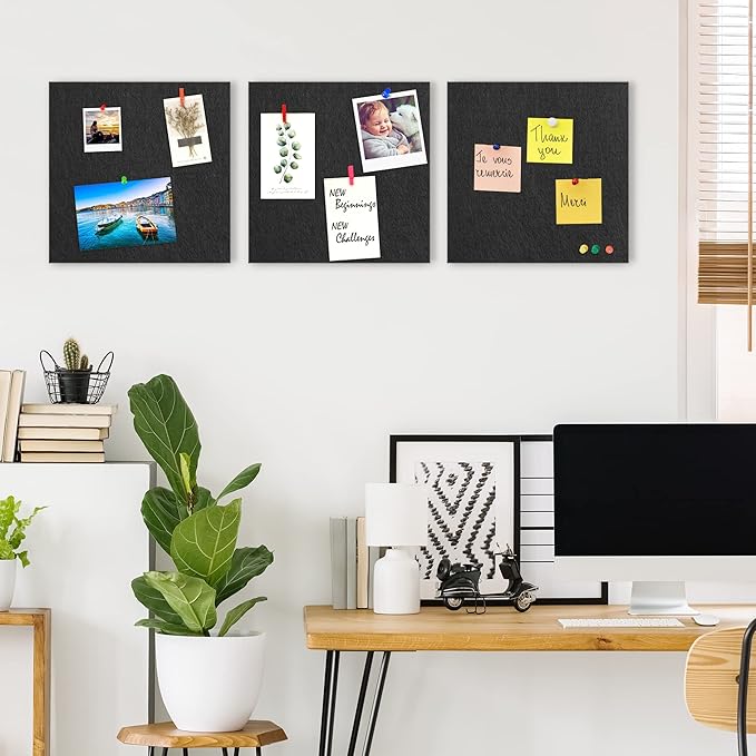 AKTOP Black Cork Bulletin Board 12x12, 1/2" Thick Felt Cork Board Tiles 12 Pack, Small Square Pin Board for Wall, Self Adhesive Corkboards with 120 Push Pin Wood Clips for School, Home & Office-DeskLoop Office