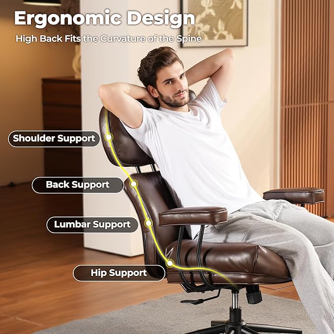 ovios Ergonomic Home Office Chair, Mid-Century Modern Faux Leather Chairs with Thickened Cushions, Comfy High Back Swivel Rolling Executive Computer Armchair (Dark Brown, PU Leather)-DeskLoop Office