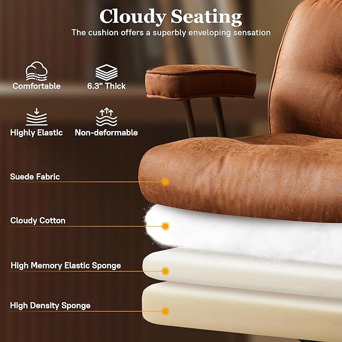 Mid Century Modren Big and Tall Office Chair,Large Ergonomic Executive Chair for Heavy Duty People, Computer Desk Task Chair with Wheels, Faux Lether Fabric Wide Chair for Home Sturdy,Brown(Suede)-DeskLoop Office