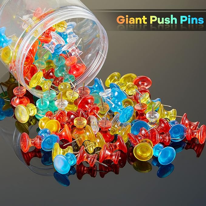 Outus 100 Pcs Giant Push Pins Large Thumb Tacks Plastic Heads 1 Inch Jumbo Push Pins for Cork Board Map Posters Office School(Red, Yellow, Blue, Green, Transparent)-DeskLoop Office