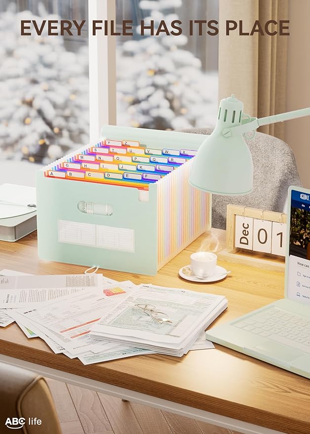 ABC life 26 Pockets Accordian File Organizer Expanding File Folders, Portable Letter A4 Size Filing Box,Plastic Monthly Receipt Document Organizer with Colored Tabs (Sage Green)-DeskLoop Office