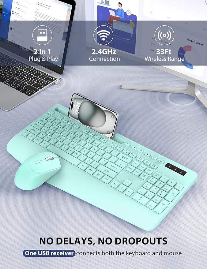 Wireless Keyboard and Mouse Combo - Full-Sized Ergonomic Keyboard with Wrist Rest, Phone Holder, Sleep Mode, Silent 2.4GHz Cordless Keyboard Mouse Combo for Computer, Laptop, PC, Mac, Windows (Green)-DeskLoop Office