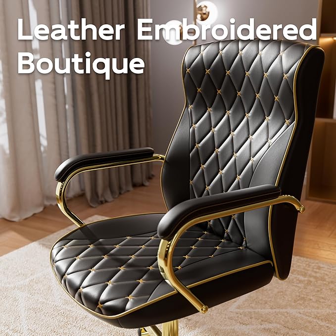 Black and Gold Office Chair with Soft Leather Embroidery, Mid Back Vintage Swivel Executive Desk Chair with Wheels and Padded Arms, Adjustable Height-DeskLoop Office