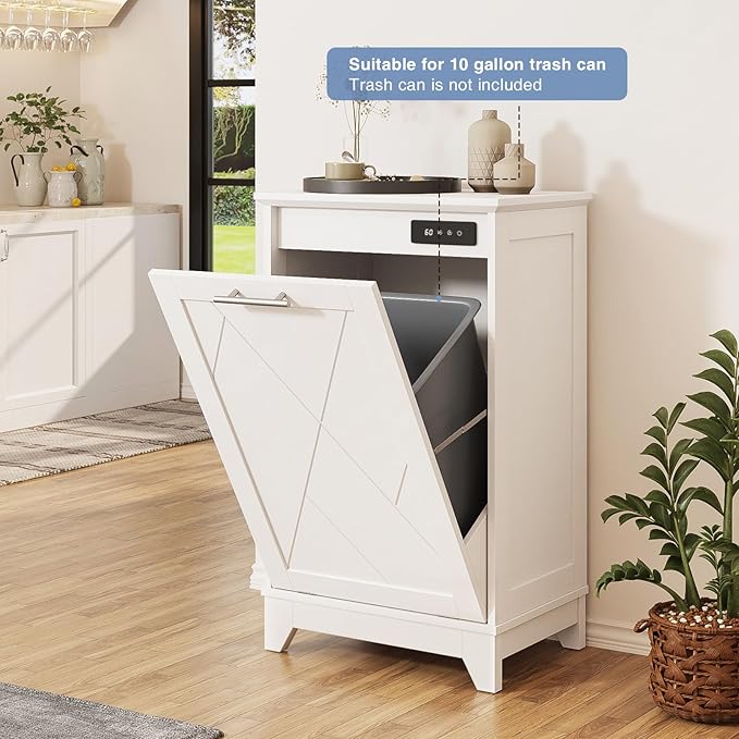 Tilt Out Trash Cabinet, Kitchen Trash Can Cabinet w/Negative ion and deodorizing Function, Dog Proof 20 Gallon Garbage Can Cabinet for Kitchen, Bathroom, Living Room, White-DeskLoop Office