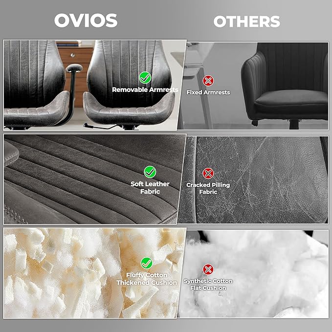 ovios Ergonomic Home Office Chair, Mid-Century Modern Faux Leather Chairs with Padded Armrests, Comfy High Back Swivel Rolling Executive Computer Armchair (Dark Grey, Suede Leather)-DeskLoop Office