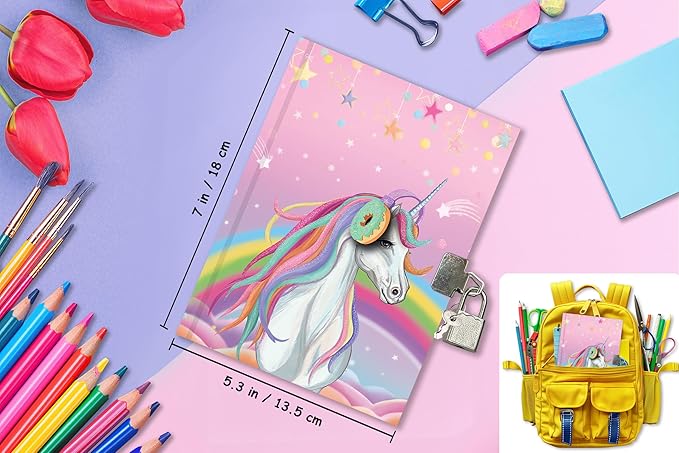 GINMLYDA Girls Diary with Lock for Kids, 7x5.25 Inches 160 Lined Pages Secret Unicorn Notebook for Girls Journal with Lock for Kids Pre School Writing Drawing Cute Girls Gifts for Birthday-DeskLoop Office
