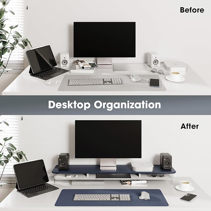 Fenge Acrylic Monitor Stand Riser, 42.5 Inches Dual Monitor Stand with Metal Storage, 2 Tier Acrylic Computer Riser for Desk, Clear Laptop Stand for PC, Laptop, Printer, TV, Blue-DeskLoop Office