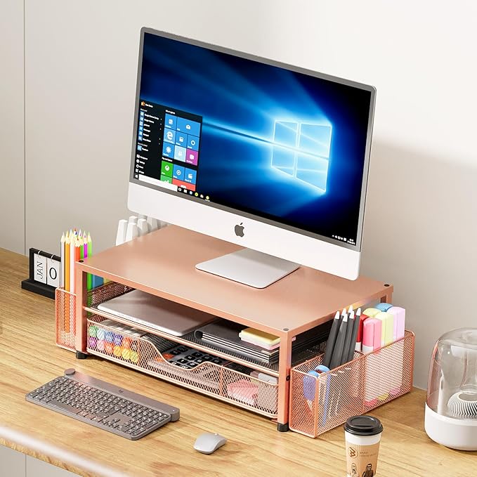 Desk Organizers and Accessories, 2-Tier Computer Monitor Stand with Drawer and 2 Pen Holders, Laptop Stand, Office Desk Accessories for Office Supplies, Rose Gold-DeskLoop Office
