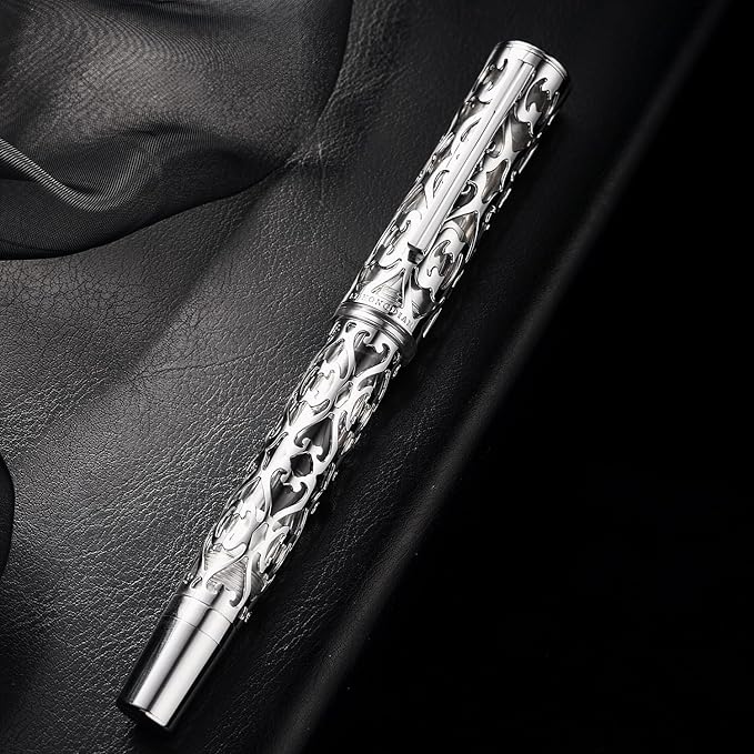 Hongdian D1 Piston Fountain Pen Fine Nib, Hollow Skeleton & Resin with Metal Case Set (Silver)-DeskLoop Office