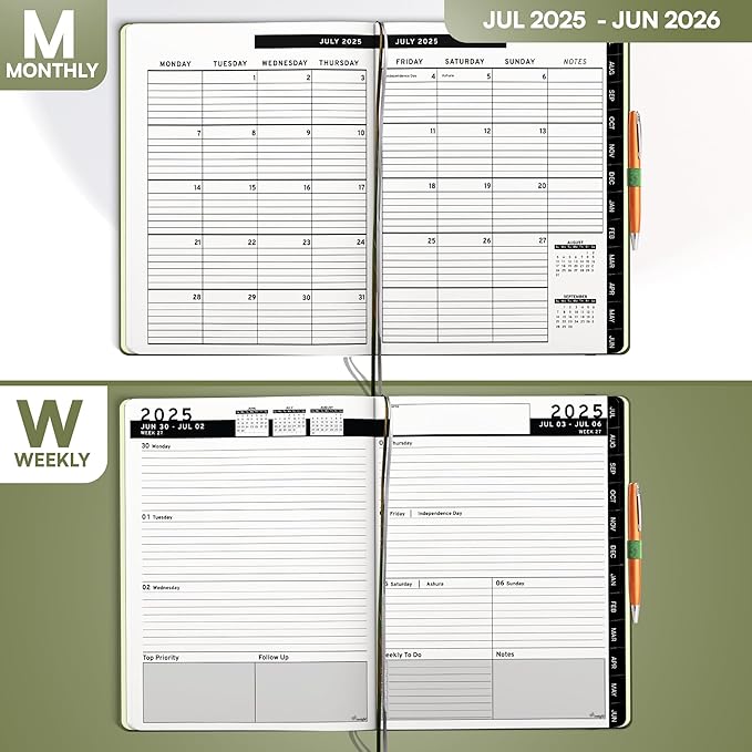 Ensight 2025-2026 HARDCOVER Leather Planner Weekly & Monthly - 8.5x11 Inches - Academic Planner Business Personal or Student - Pen Holder, Thick Paper, July 2025 - June 2026 (Olive Green)-DeskLoop Office