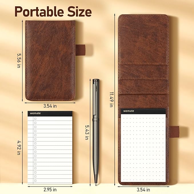 WEMATE 10 Pieces Notepad Holder Set Pocket Notebook - Included Mini Pocket Notepad Holder Set with 8 Memo Book Refills and Metal Pen for Meetings, Daily Records, and Notes 3 x 5 Inch (Brown)-DeskLoop Office