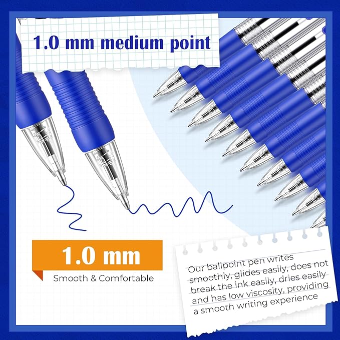 Fulmoon 100 Pcs Gel Ink Pens Retractable Ballpoint Medium Point 1.0 mm Ballpoint Smooth Writing Click Pens for Journal Writing Office Home(Blue Ink)-DeskLoop Office